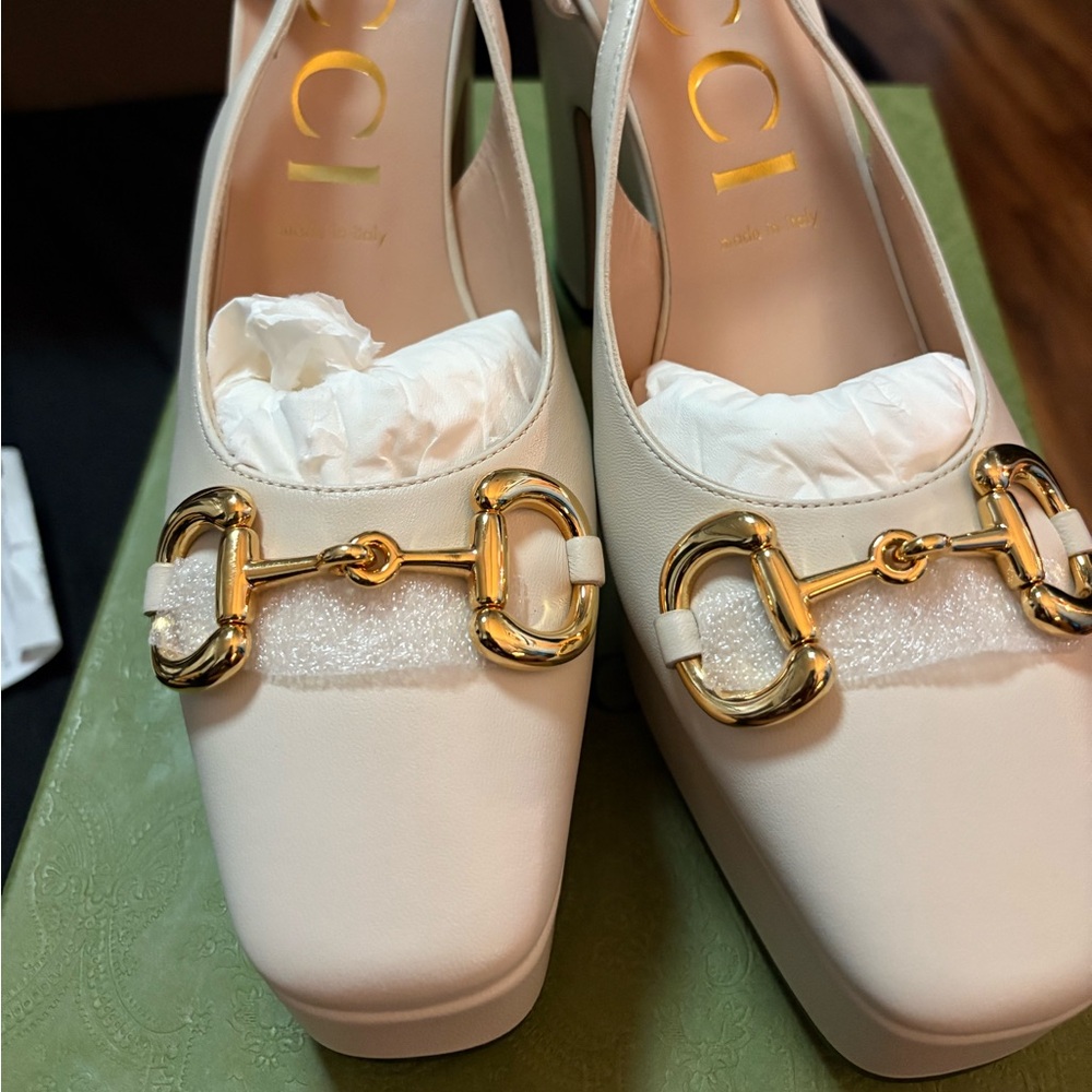 Gucci Horsebit Leather Slingback Platform Heels…. White